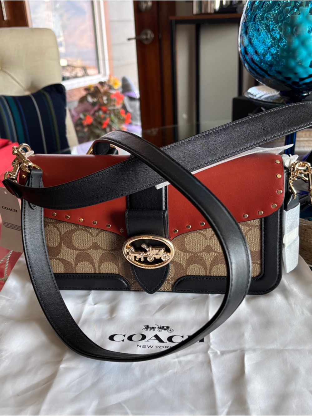 Coach Signature Shoulder Bag with Terracotta and Black Leather Accents - Picture 2 of 12